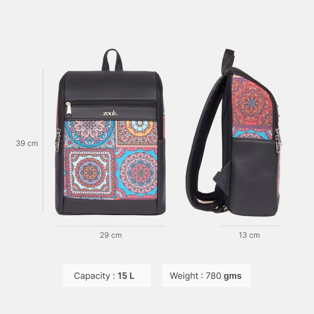 Amalia Laptop Backpack (Black) - Multicolor Mandala Print