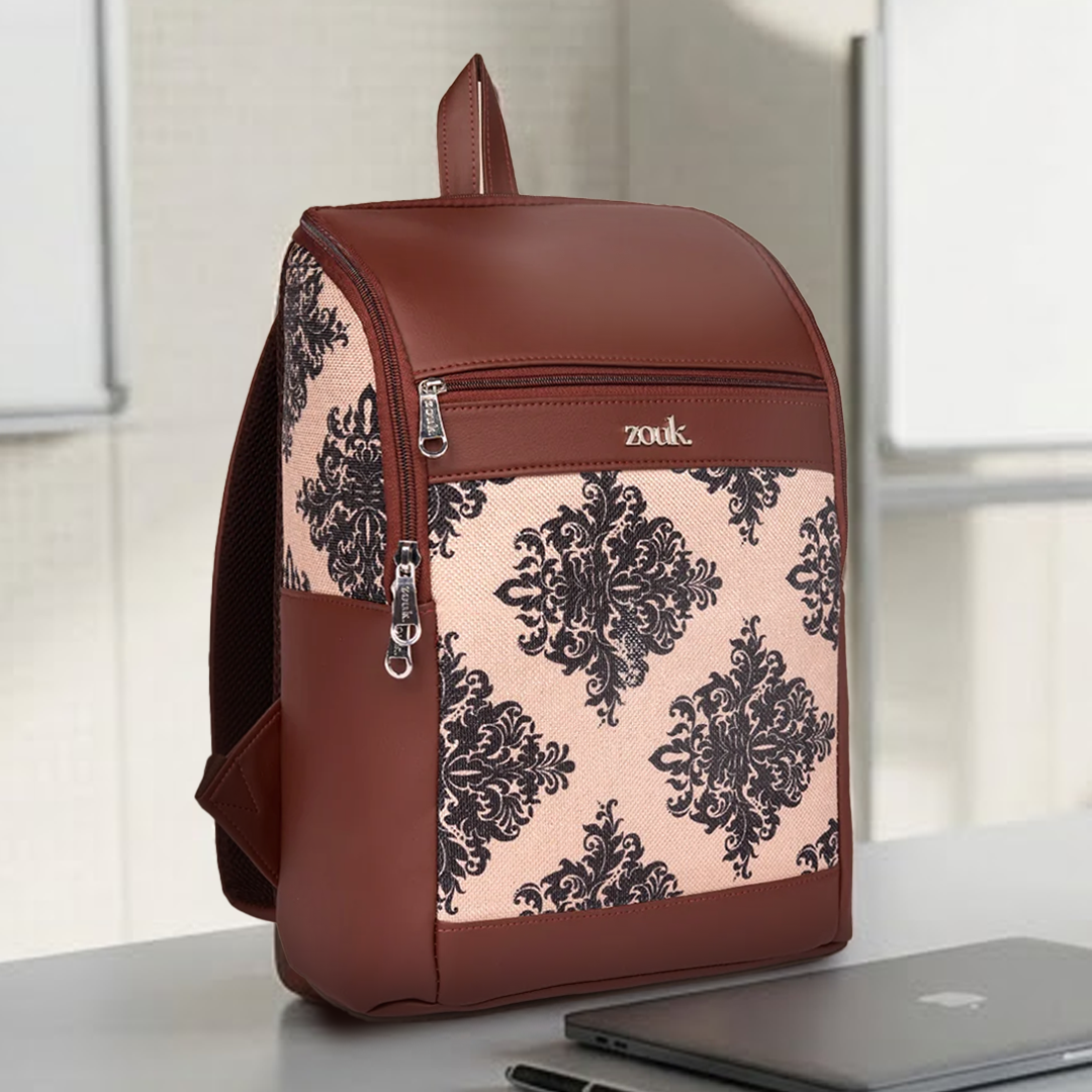 Amalia Laptop Backpack (Brown) - Mughal Motif