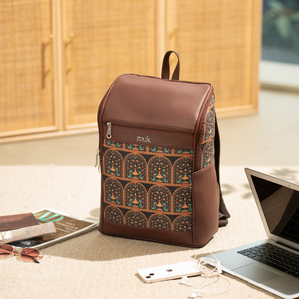 Amalia Laptop Backpack (Brown) - Royal Indian Peacock Motif