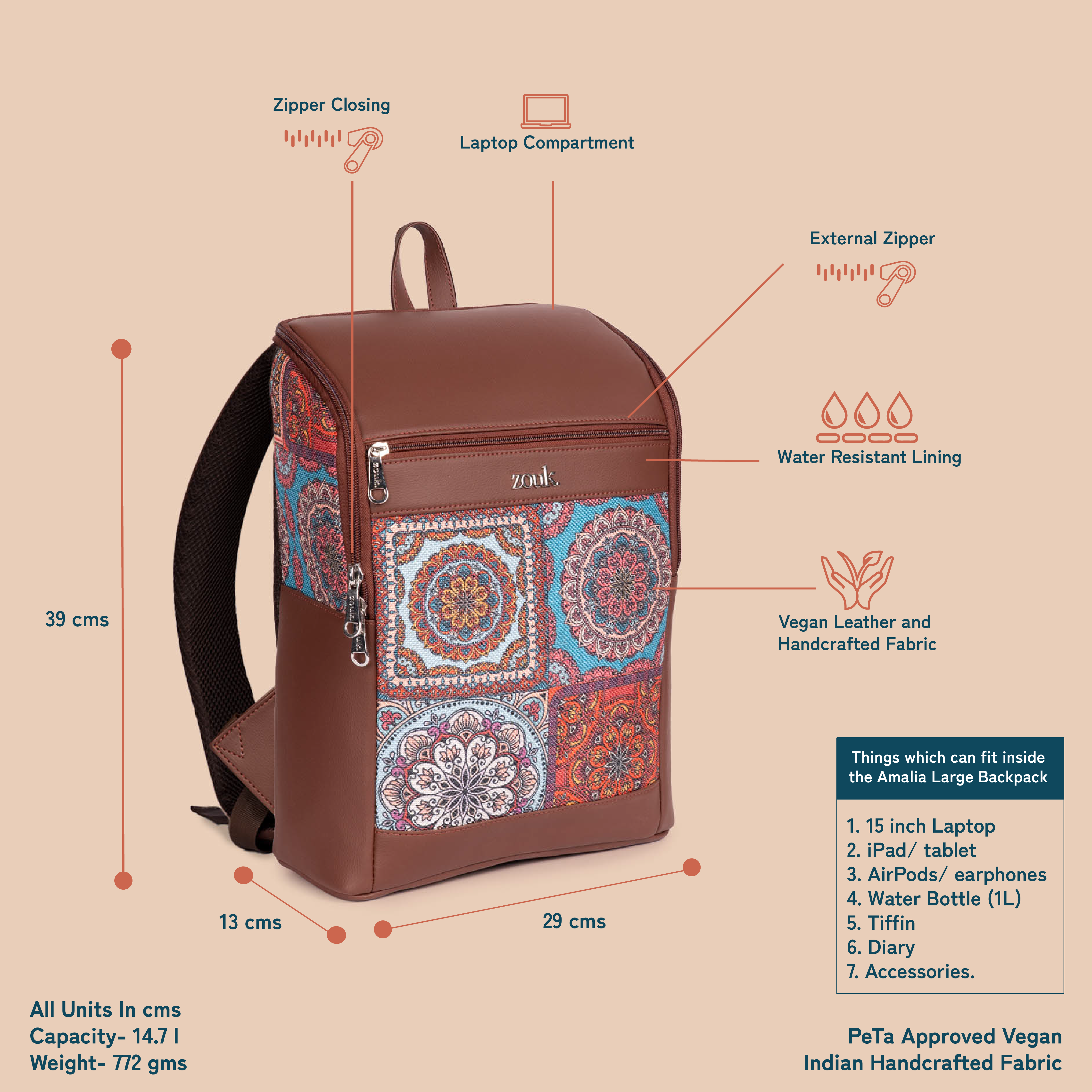 ZIP-Amalia Backpack (Large) - Multicolor Mandala Print
