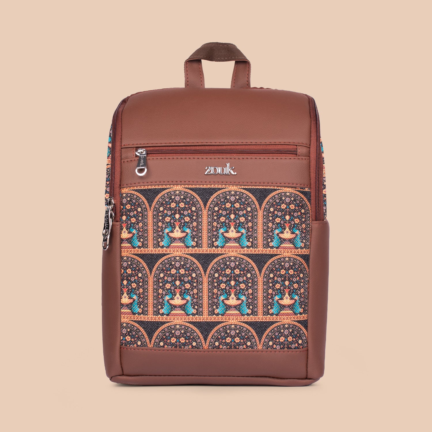 Amalia Laptop Backpack (Brown) - Royal Indian Peacock Motif