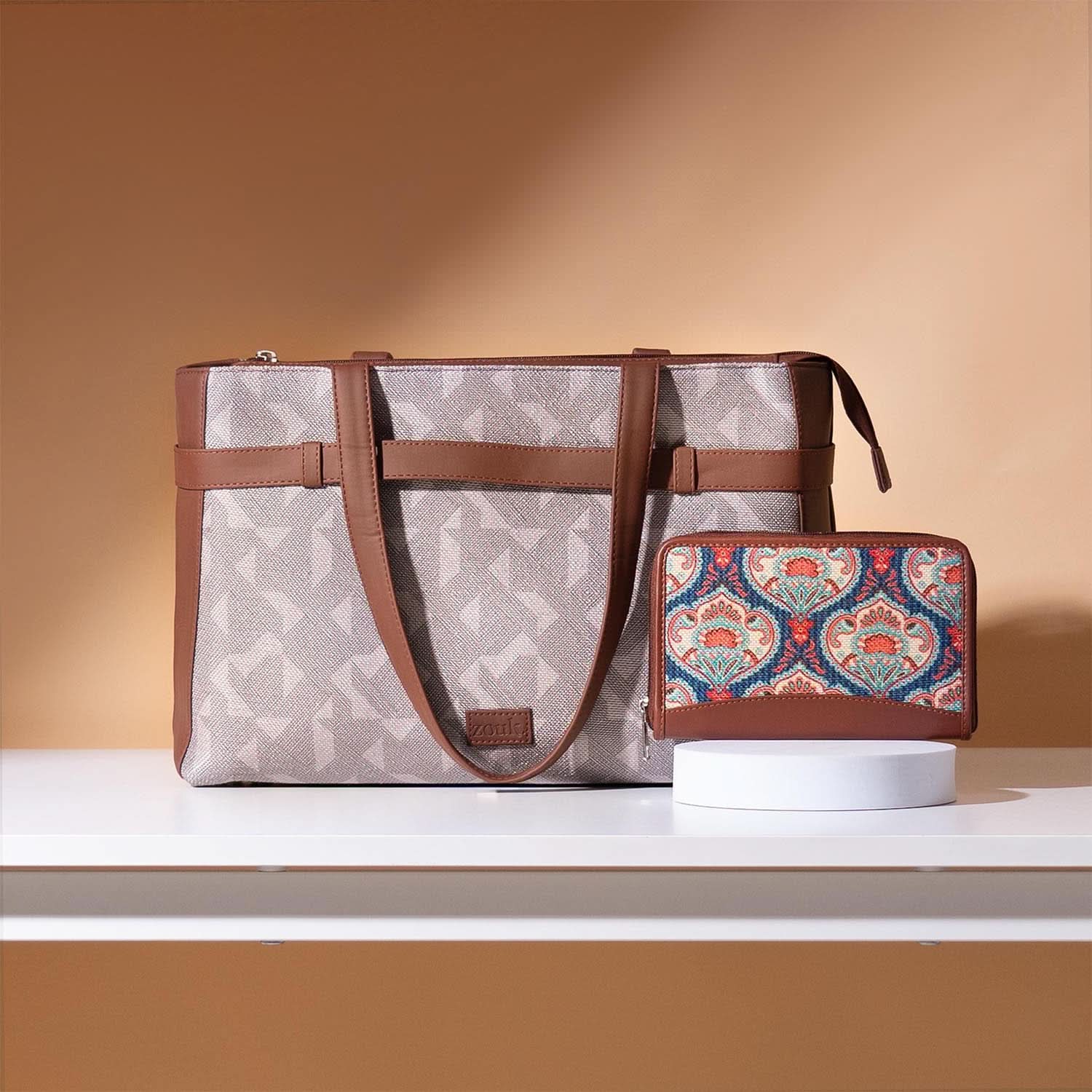 Aravalli Abstract & Kovil Blue - Statement Office Bag & Chain Wallet Combo