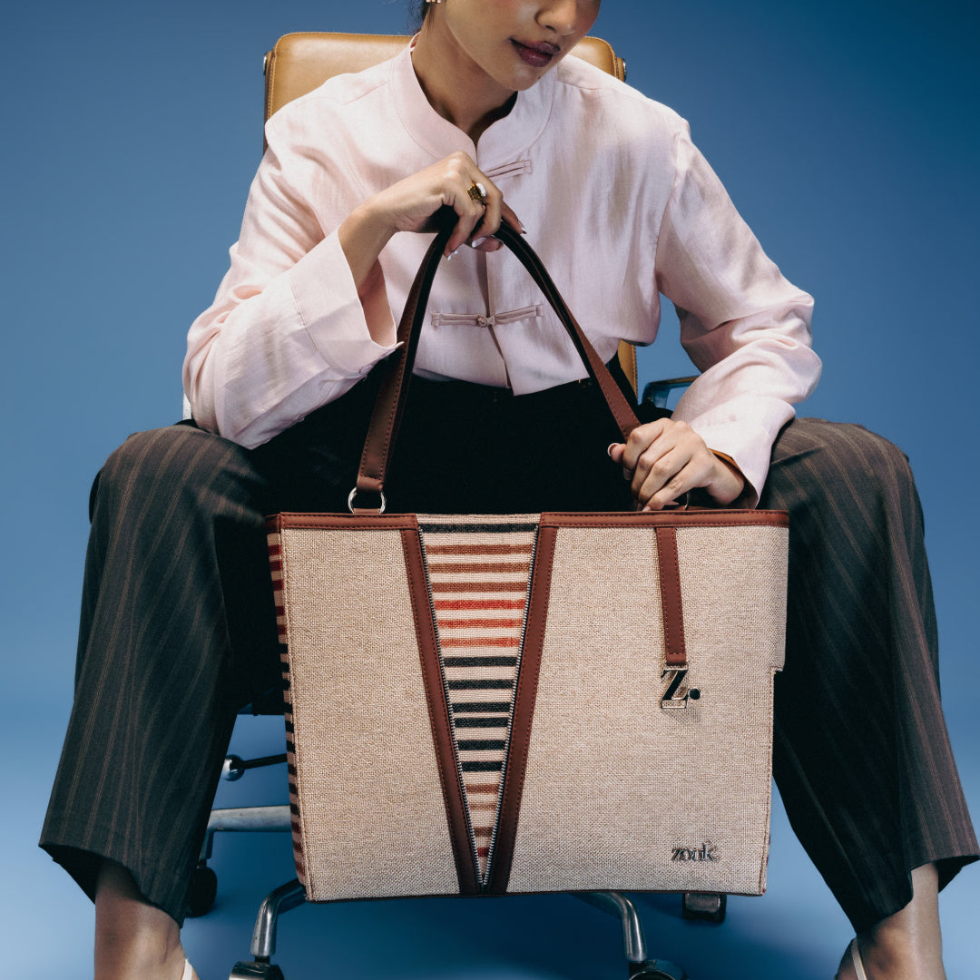 Qutub Stripes Corner Office Tote (Beige)
