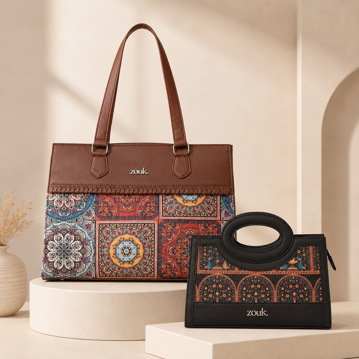 Multicolor Mandala Print Statement Business Bag & Zoe Sling Bag Royal Indian Peacock Motif Combo