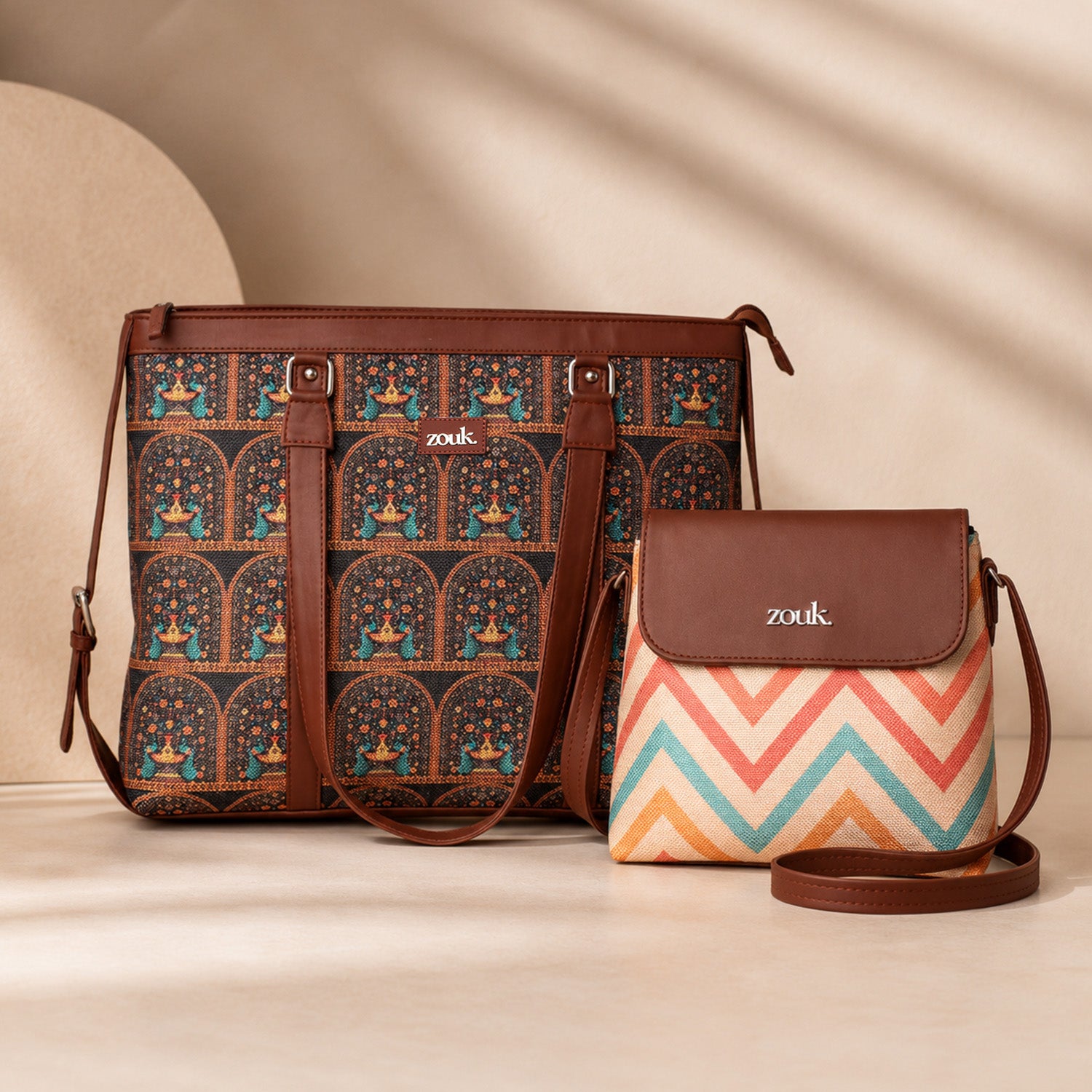 Royal Indian Peacock Motif & WavBeach - Women's Office Bag & Flap Sling Bag Combo