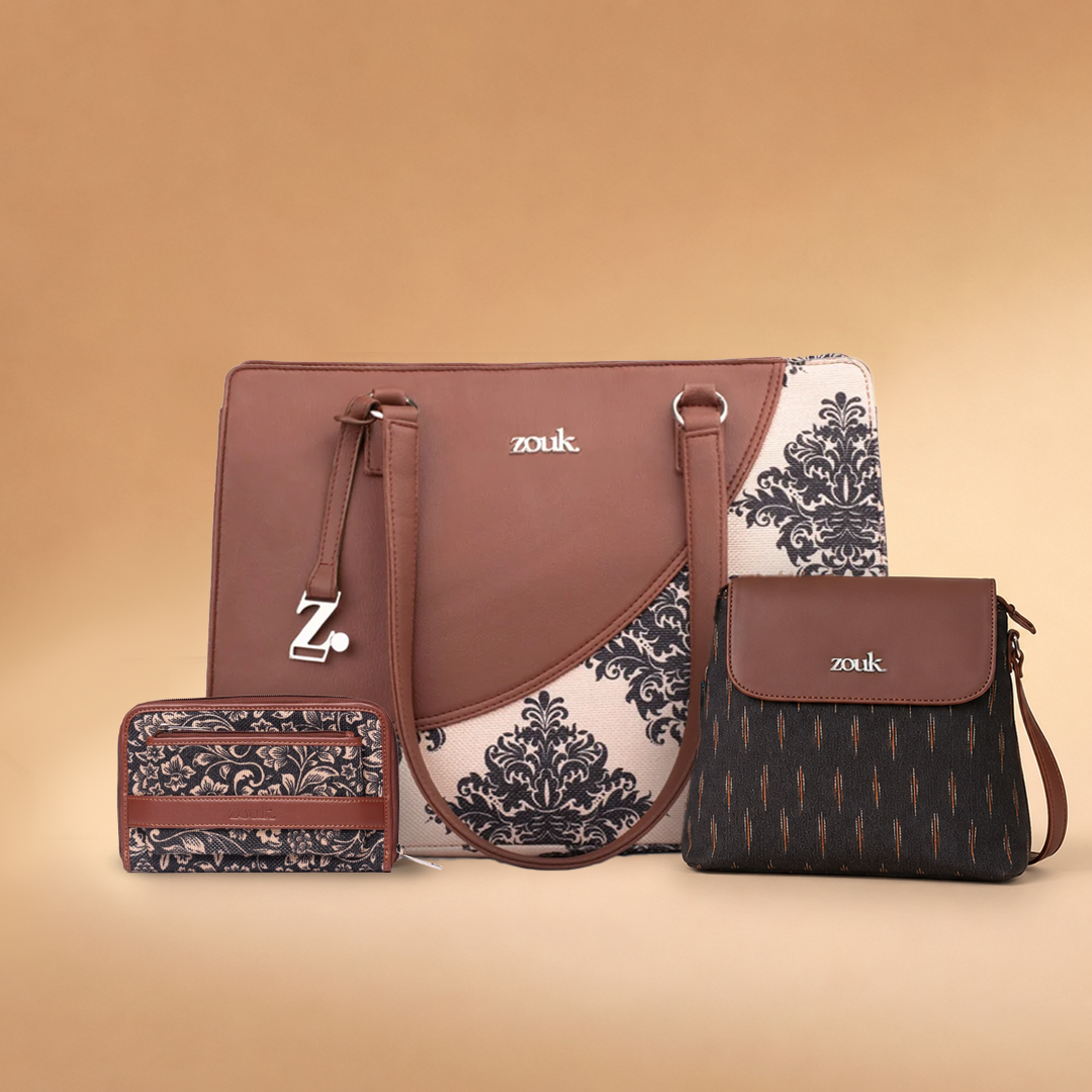 Mughal Motif Office Essential Bag, Ikat Grere Flap Sling Bag & FloMotif Classic Zipper Wallet Combo