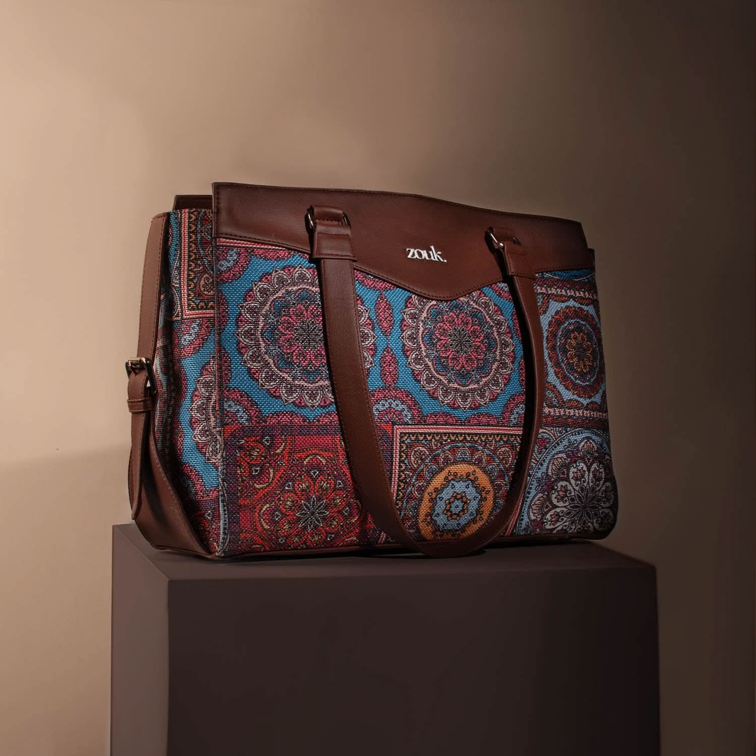Multicolor Mandala Print Women's Work Bag Brown