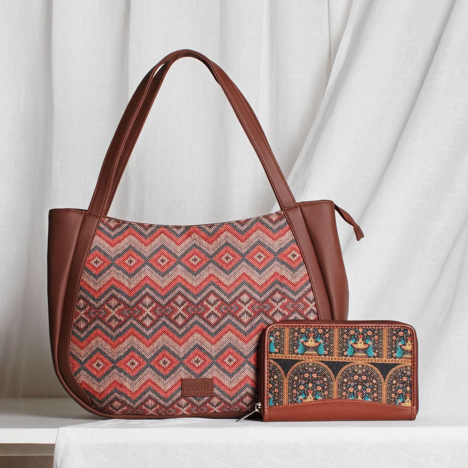 Gwalior Weaves & Royal Indian Peacock Motif - Luna Handbag & Chain Wallet Combo