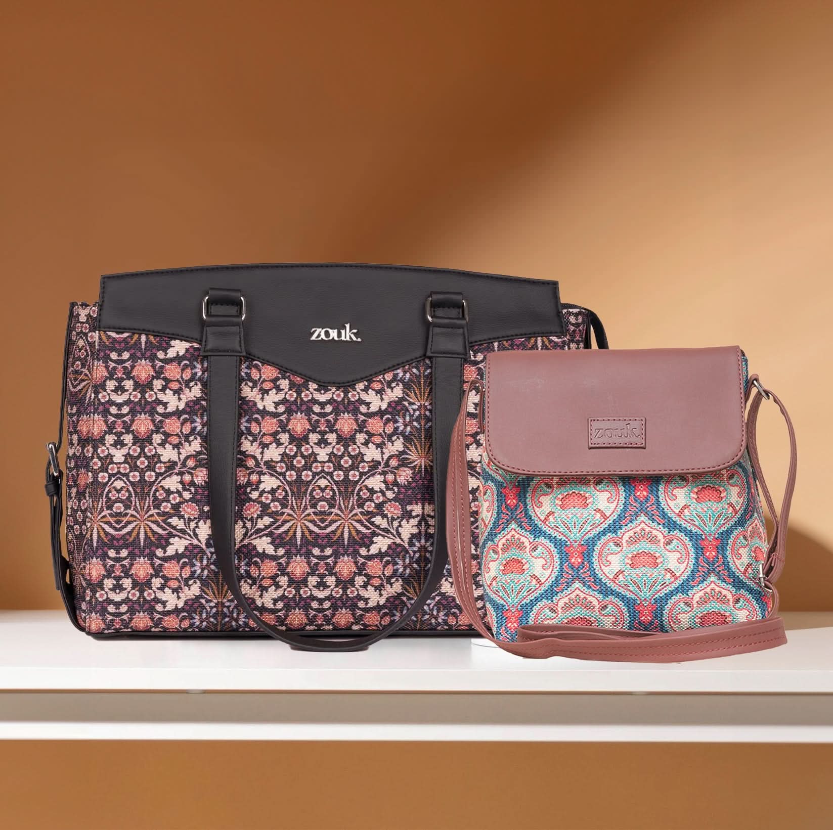 Kashmir Blooms & Kovil Blue - Women's Work Bag & Flap Sling Bag Combo