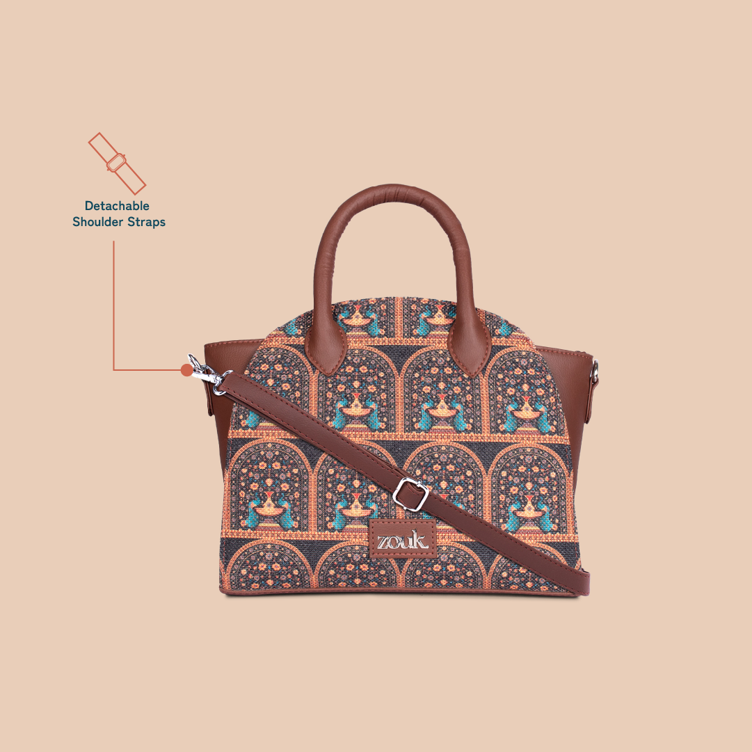 ZIP-Konkona City Satchel Bag - Royal Indian Peacock Motif
