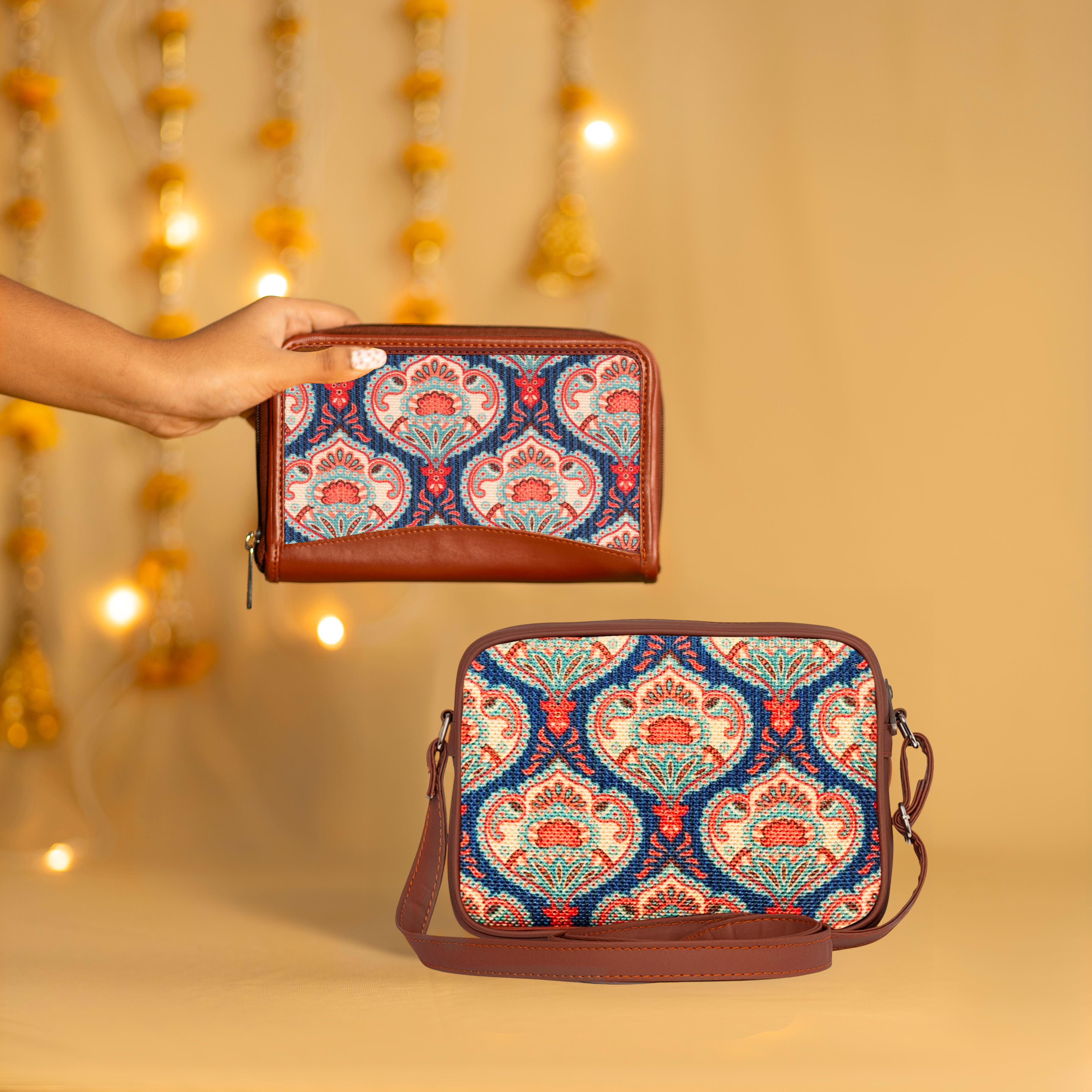 Kovil Blue Sling Bag and Chain Wallet (CFC) Combo