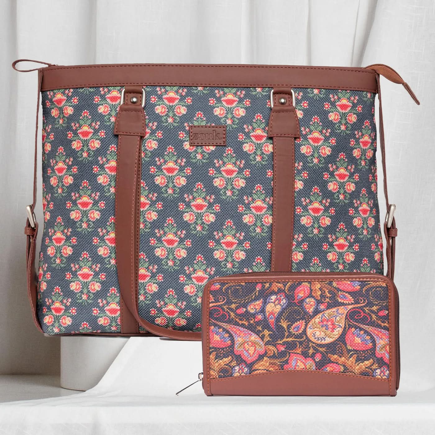 Mughal Garden Print & Paisley Print - Women's Office Bag & Chain Wallet Combo
