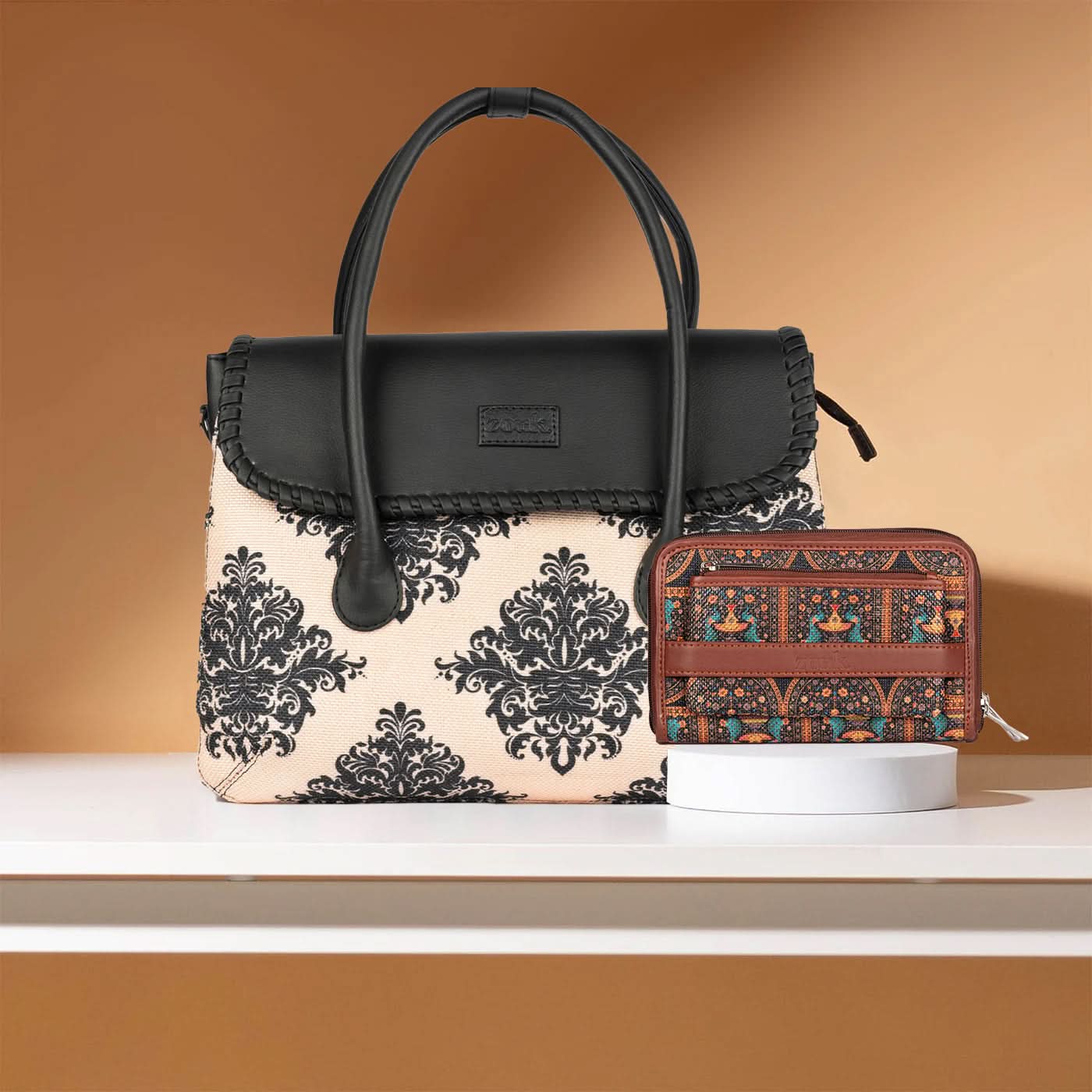 Mughal Motif & Royal Indian Peacock Motif - SAK Satchel & Classic Zipper Wallet Combo