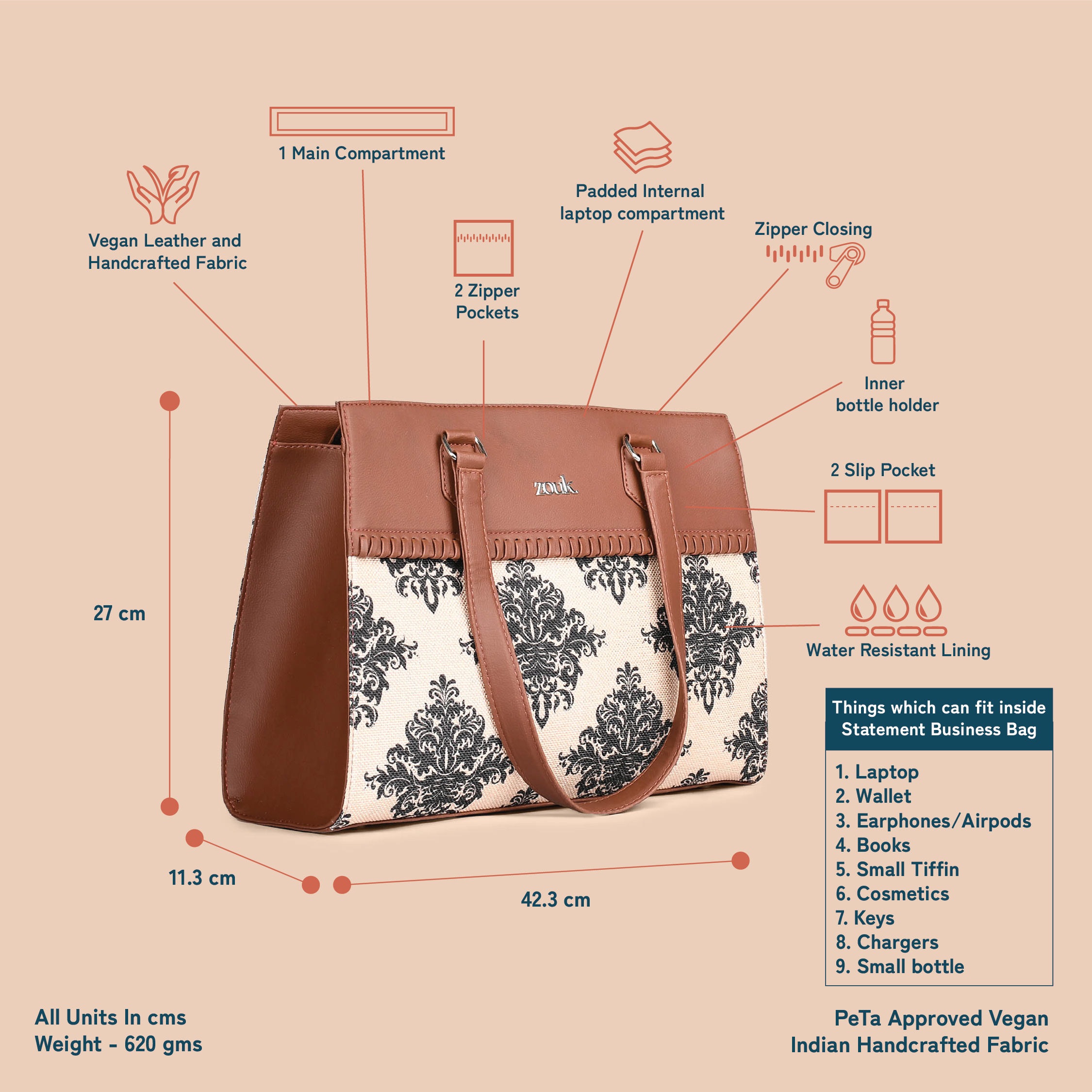 ZIP-Mughal Motif Statement Business Bag