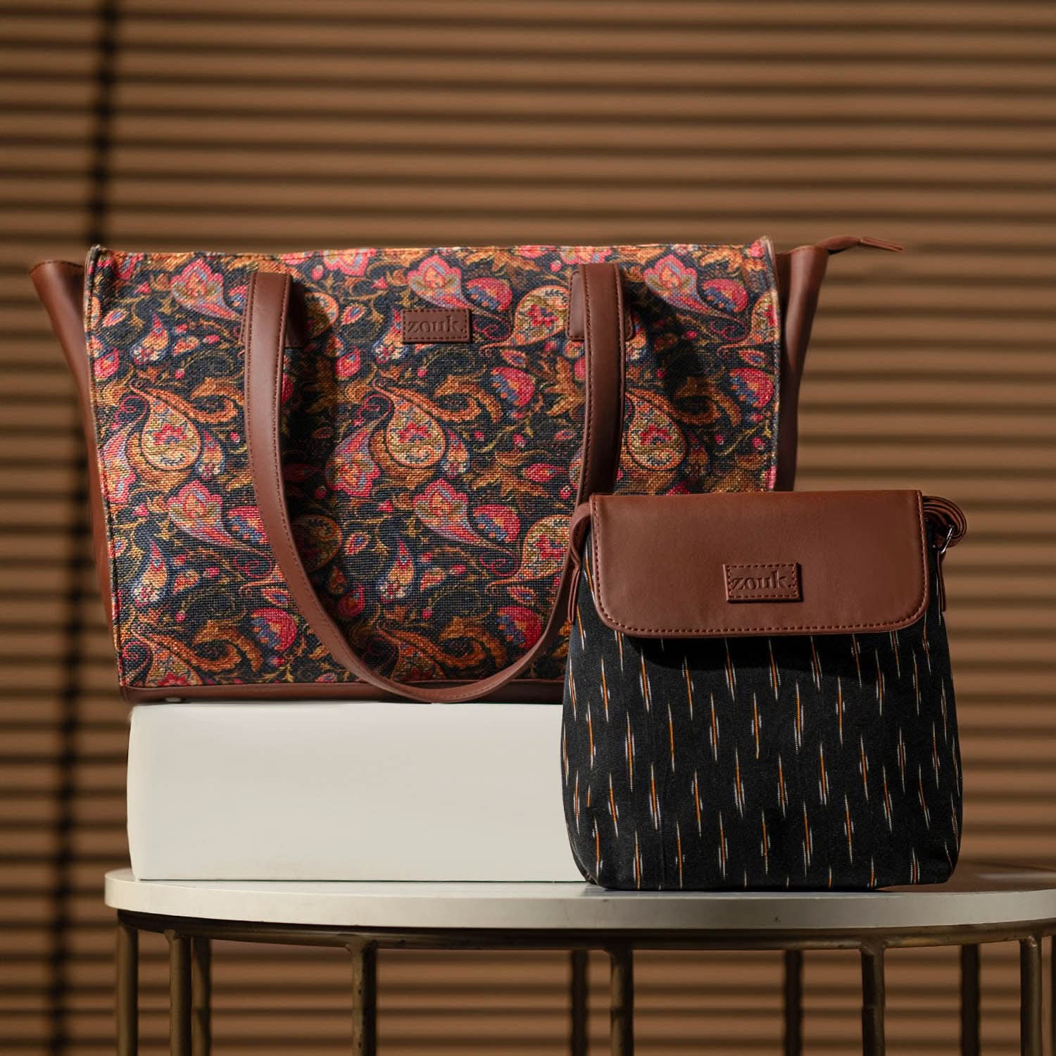 Paisley Print & Ikat GreRe - Office Tote Bag & Flap Sling Bag Combo