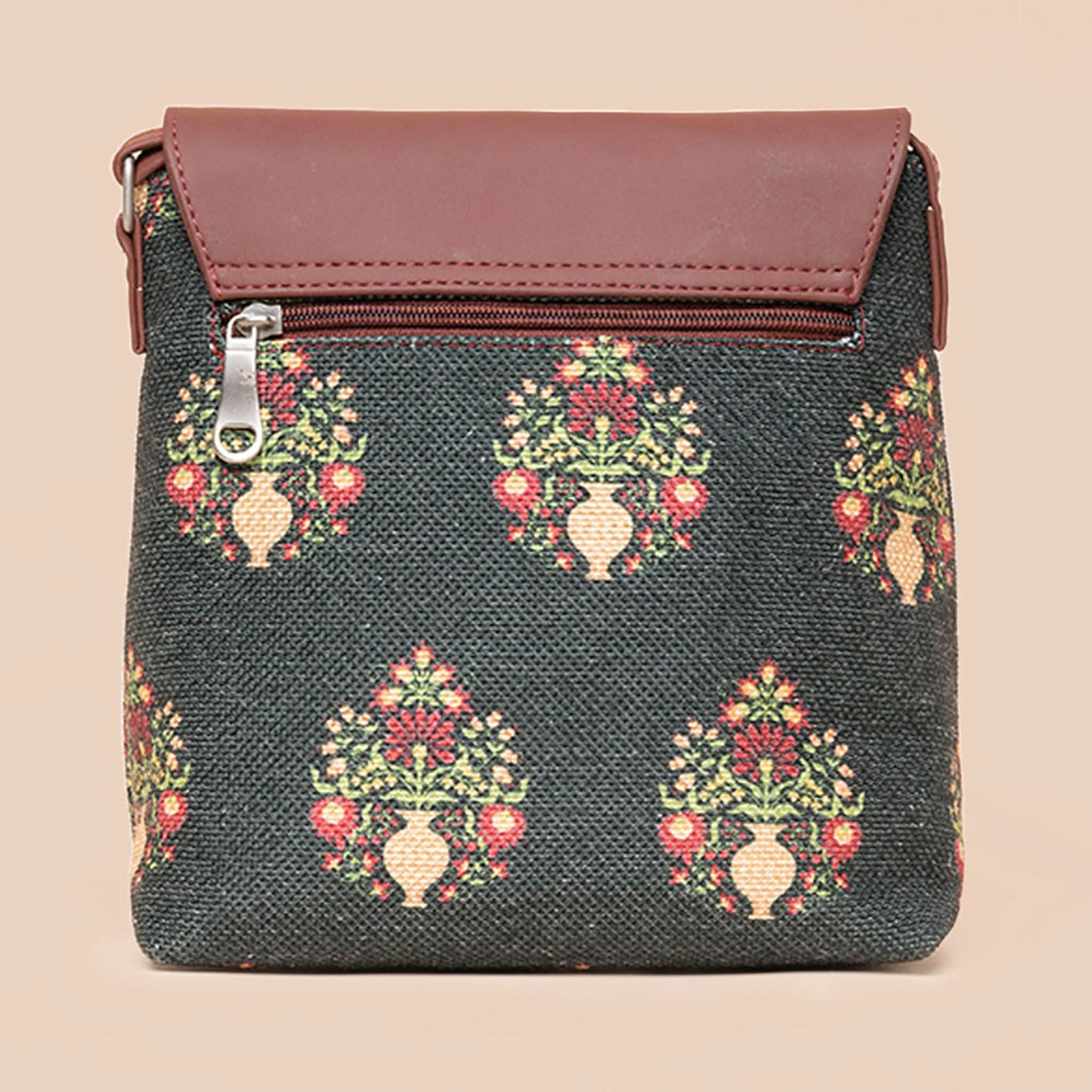 Royal Green Mogra Print Flap Sling Bag