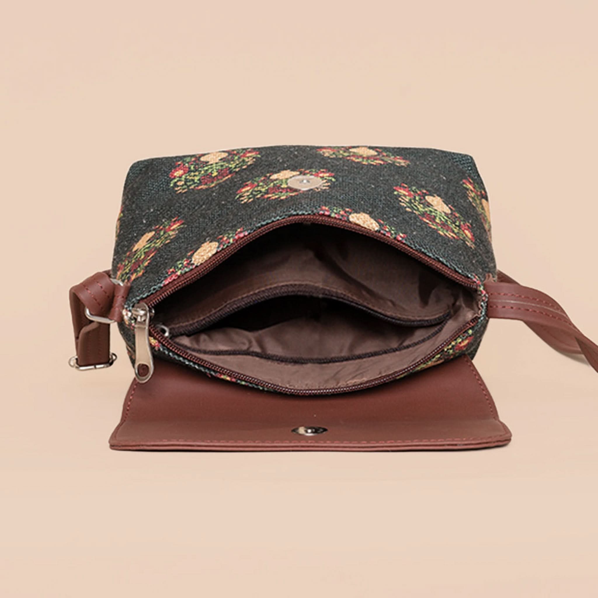 Royal Green Mogra Print Flap Sling Bag