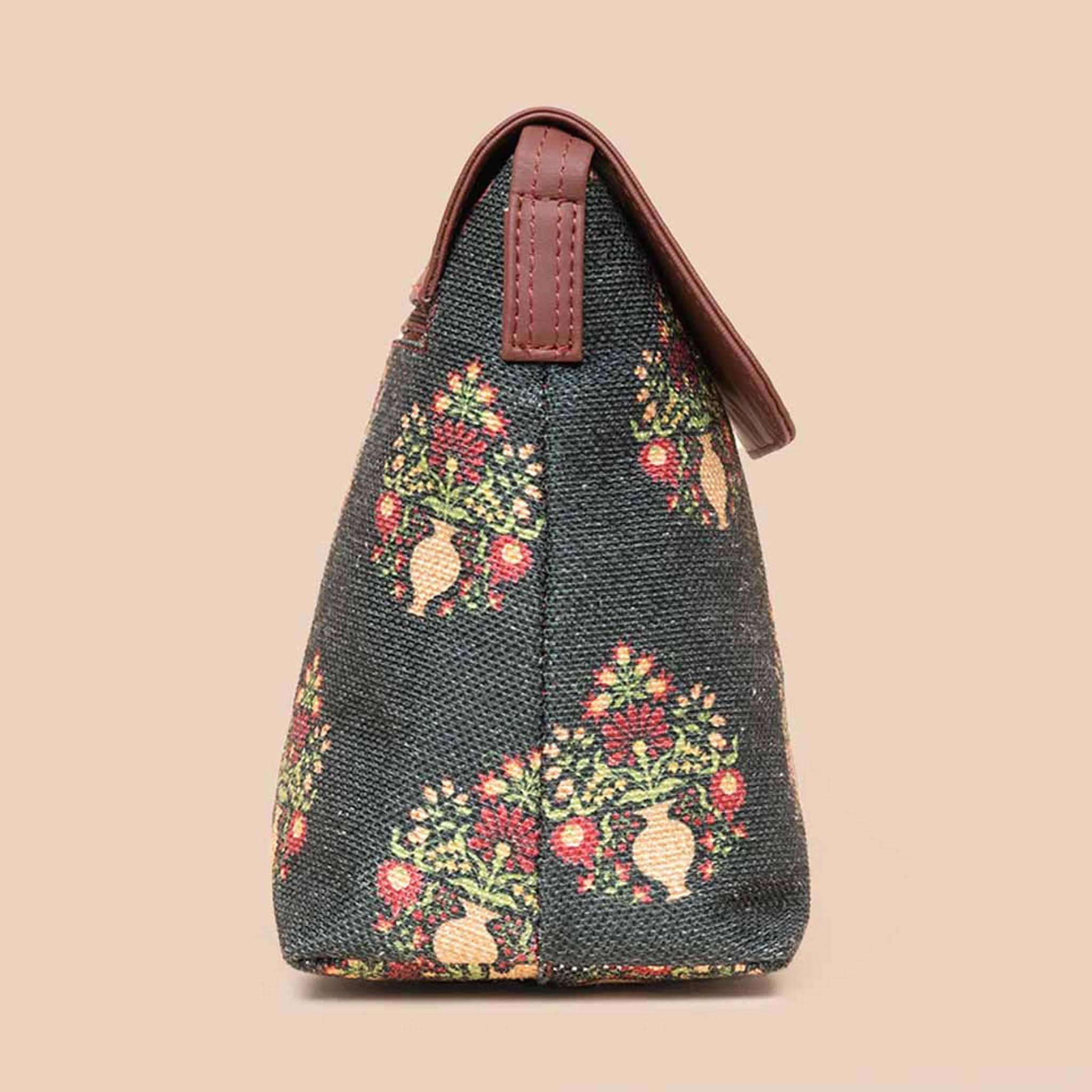 Royal Green Mogra Print Flap Sling Bag