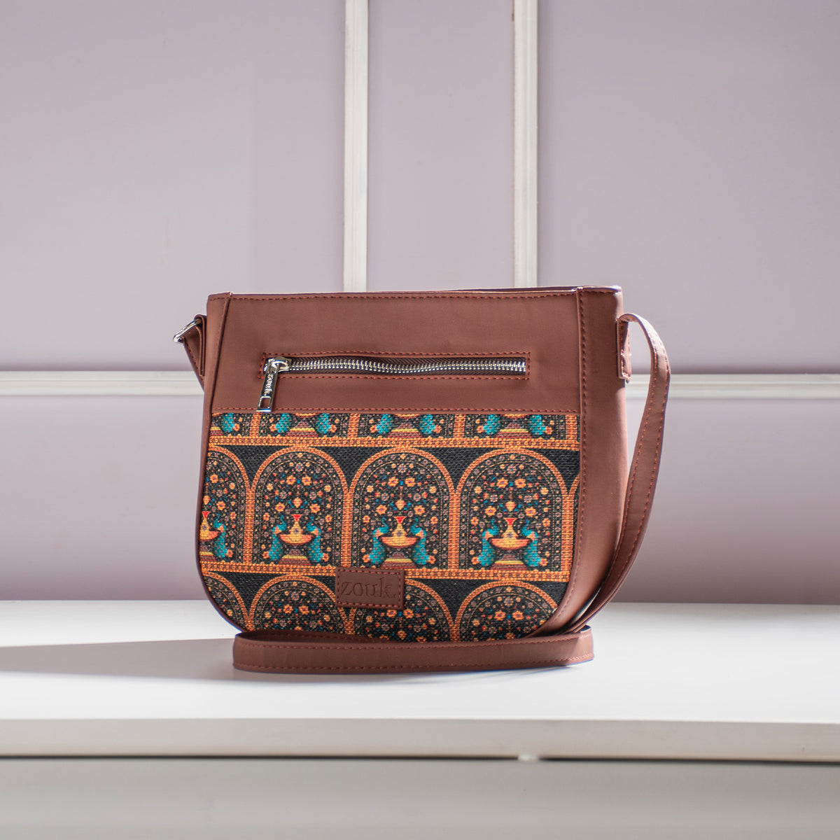 Royal Indian Peacock Motif U-Shaped Sling Bag