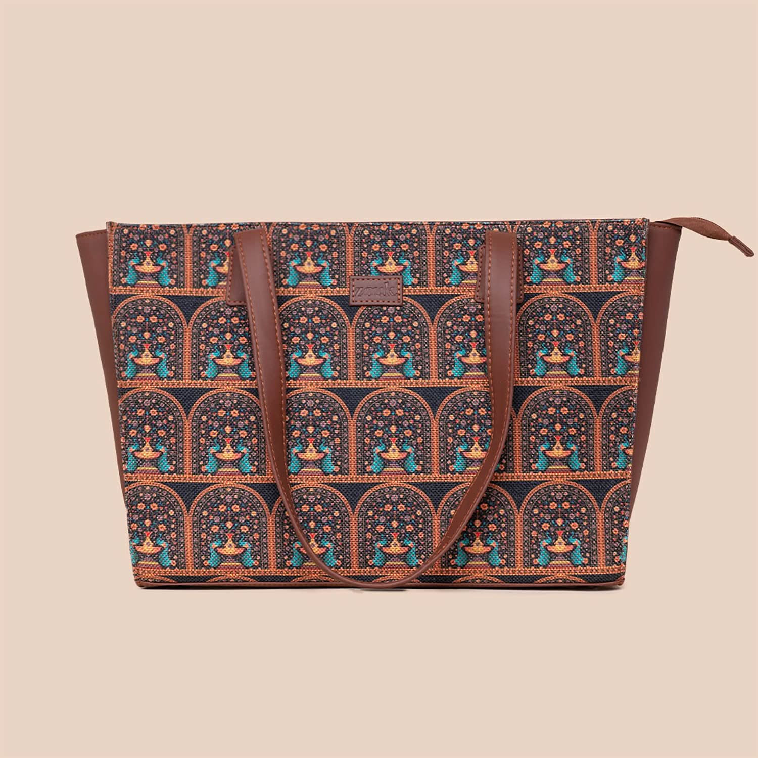 Royal Indian Peacock Motif & Kovil Blue - Office Tote Bag & Classic Zipper Wallet Combo