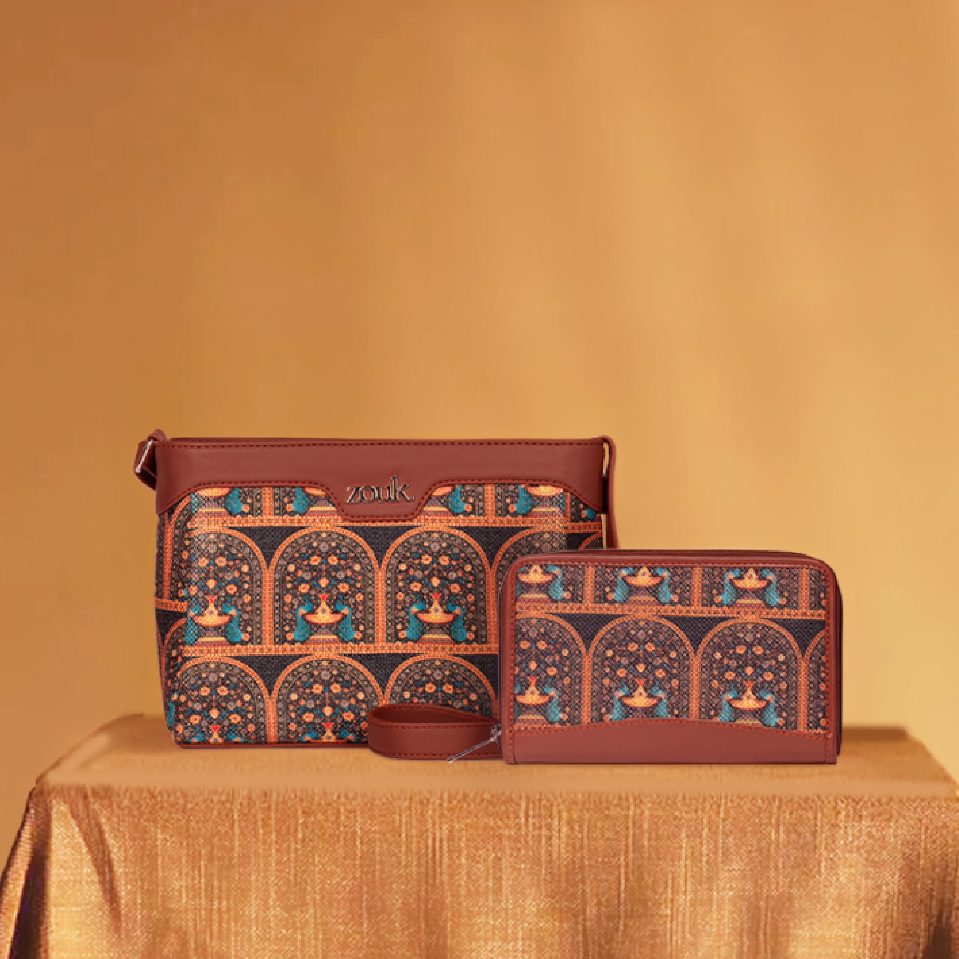 Royal Indian Peacock Harmony Sling Bag and Chain Wallet (CFC) Combo