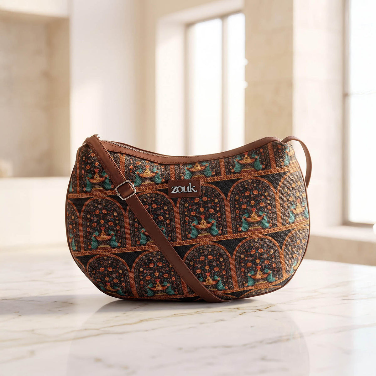 Royal Indian Peacock Print Structured Shoulder Bag