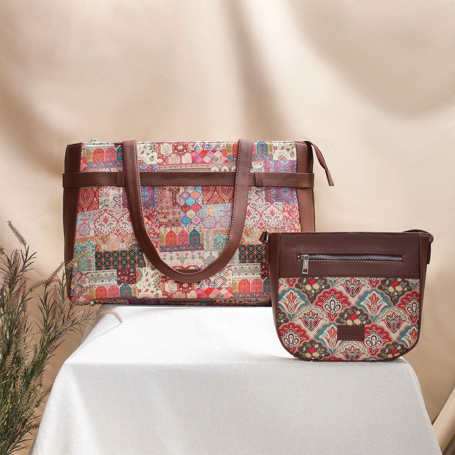 Kutch Gamthi & Mughal Art Multicolor - Statement Office Bag & U-Shaped Sling Bag Combo