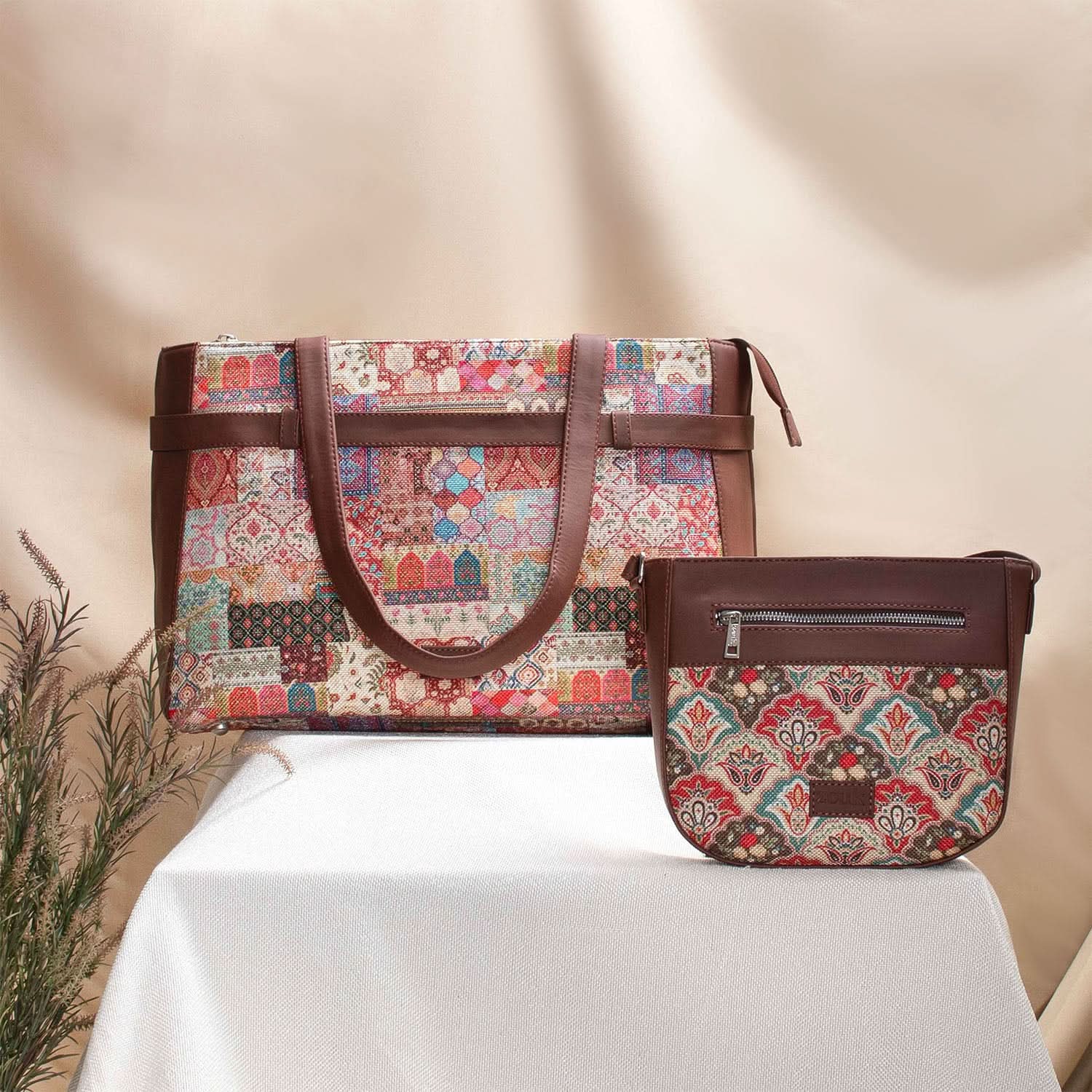 Kutch Gamthi & Mughal Art Multicolor - Statement Office Bag & U-Shaped Sling Bag Combo