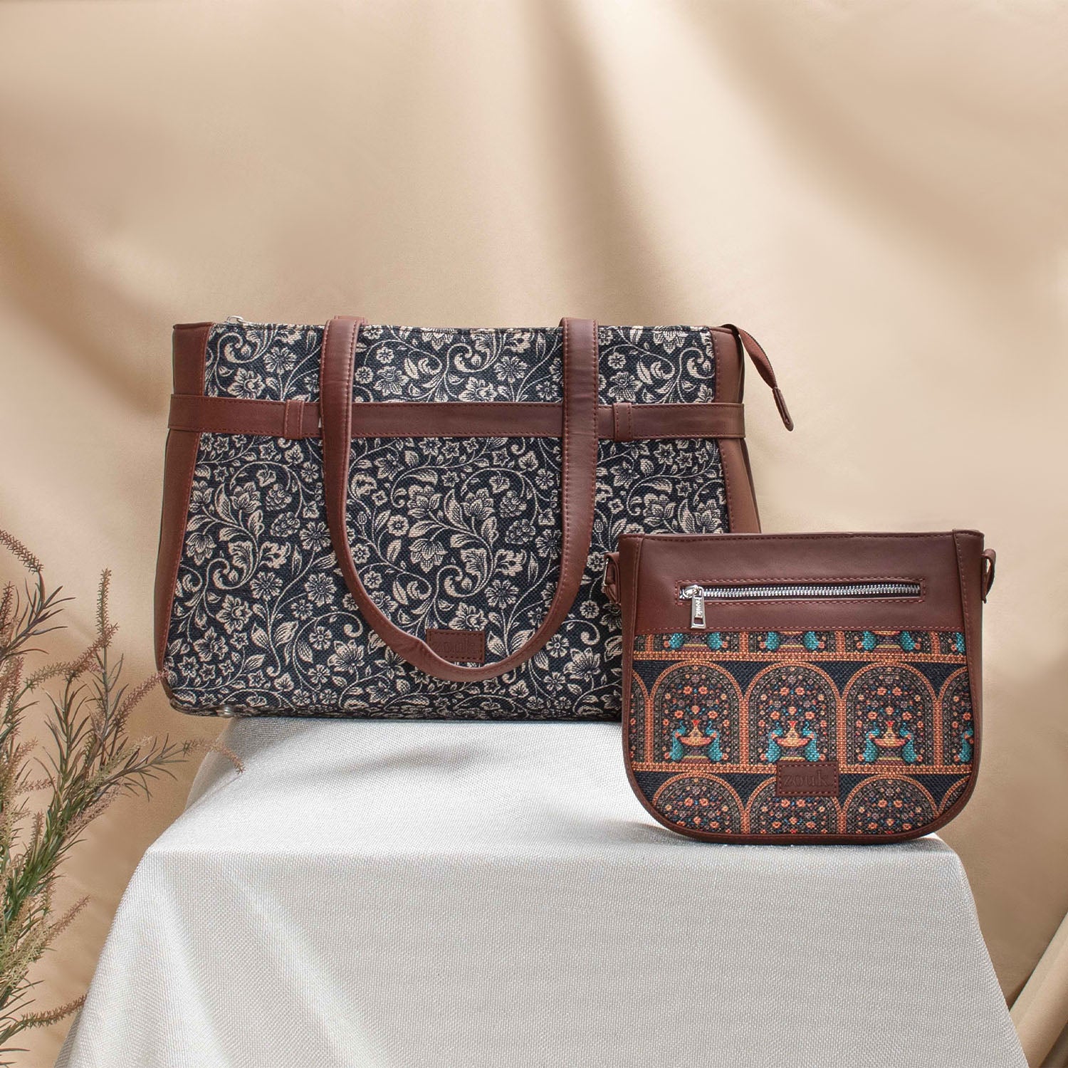 FloMotif & Royal Indian Peacock Motif - Statement Office Bag & U-Shaped Sling Bag Comb