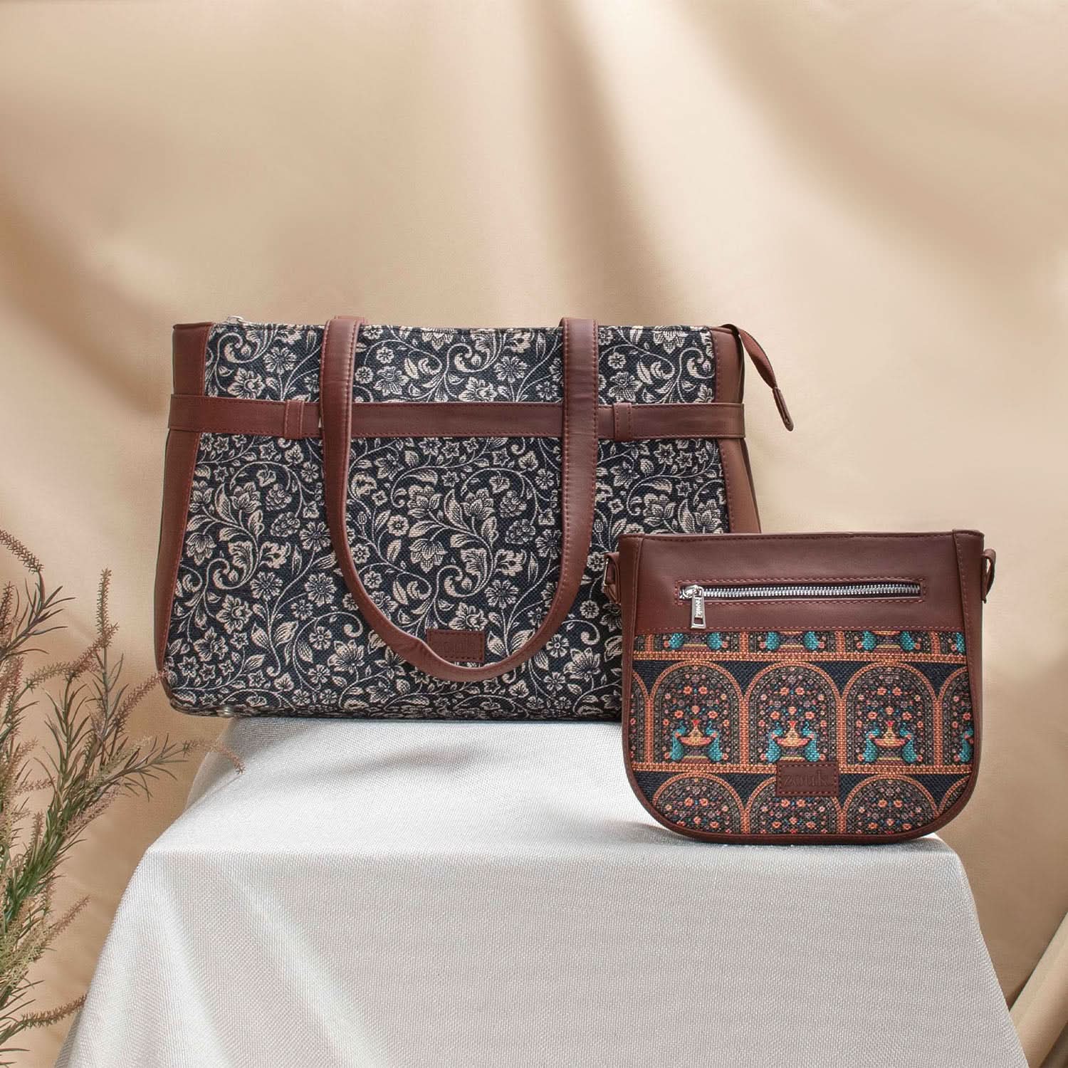 FloMotif & Royal Indian Peacock Motif - Statement Office Bag & U-Shaped Sling Bag Comb