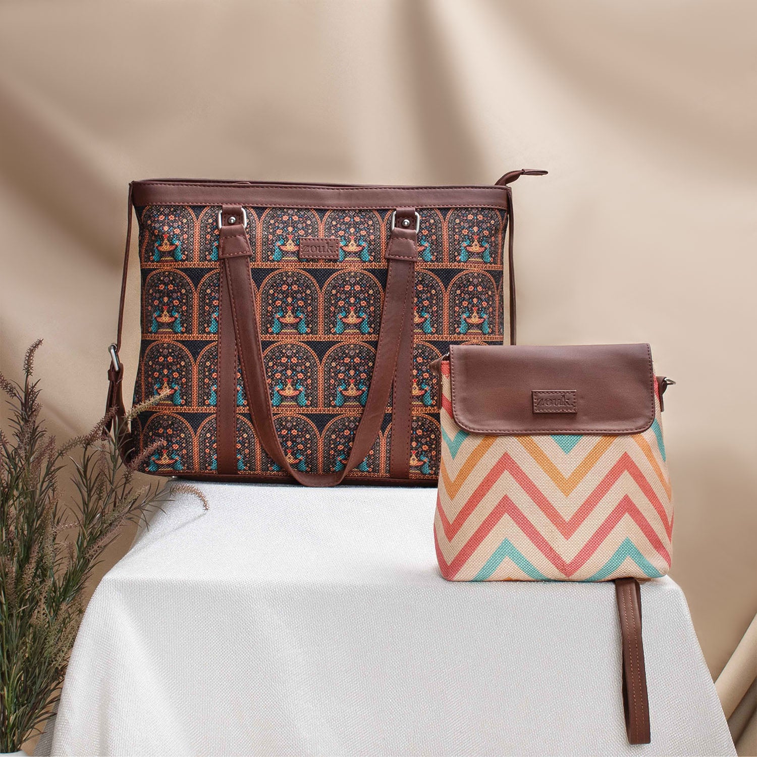 Royal Indian Peacock Motif & WavBeach - Women's Office Bag & Flap Sling Bag Combo