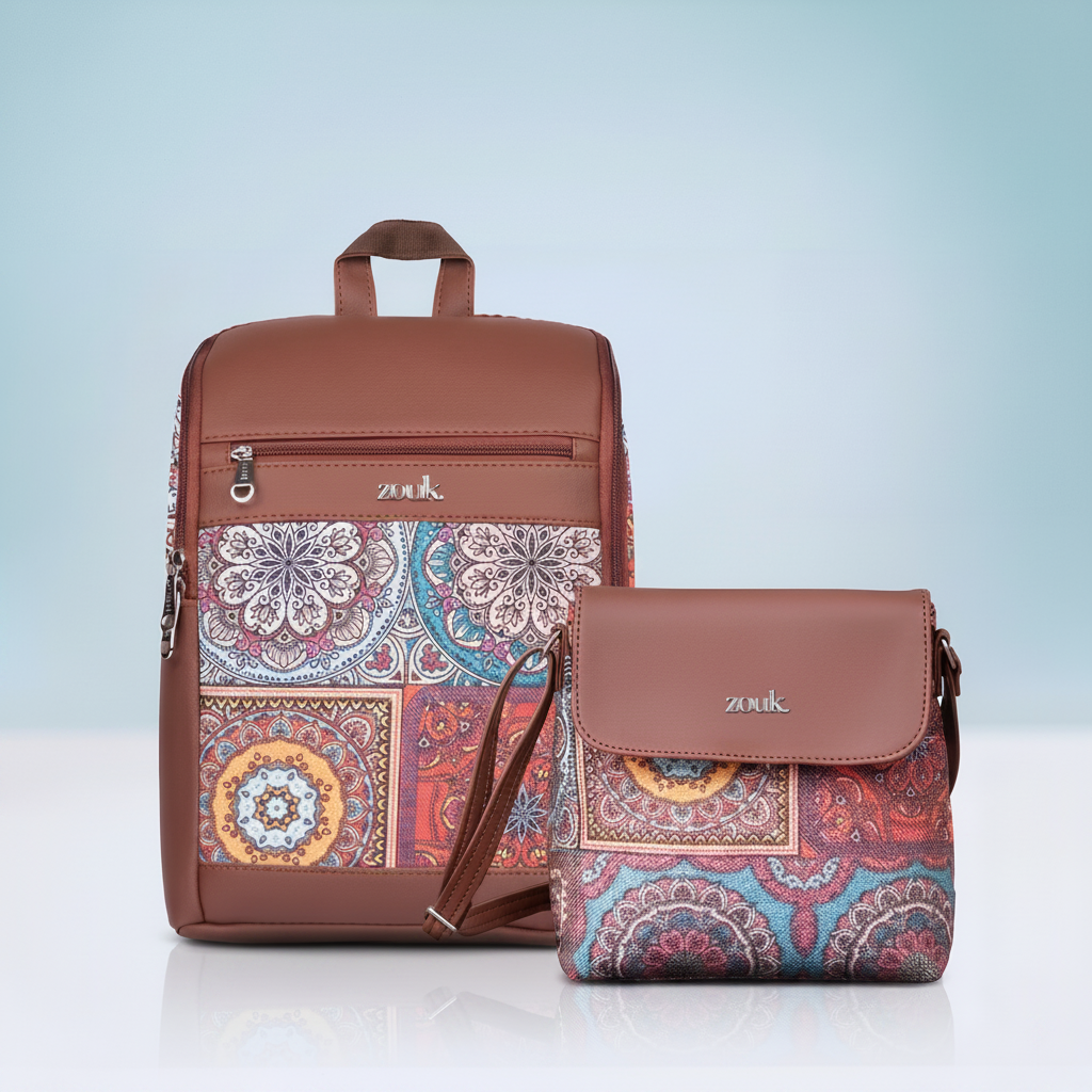 Multicolor Mandala Print - Amalia Laptop Backpack & Flap Sling Bag Combo