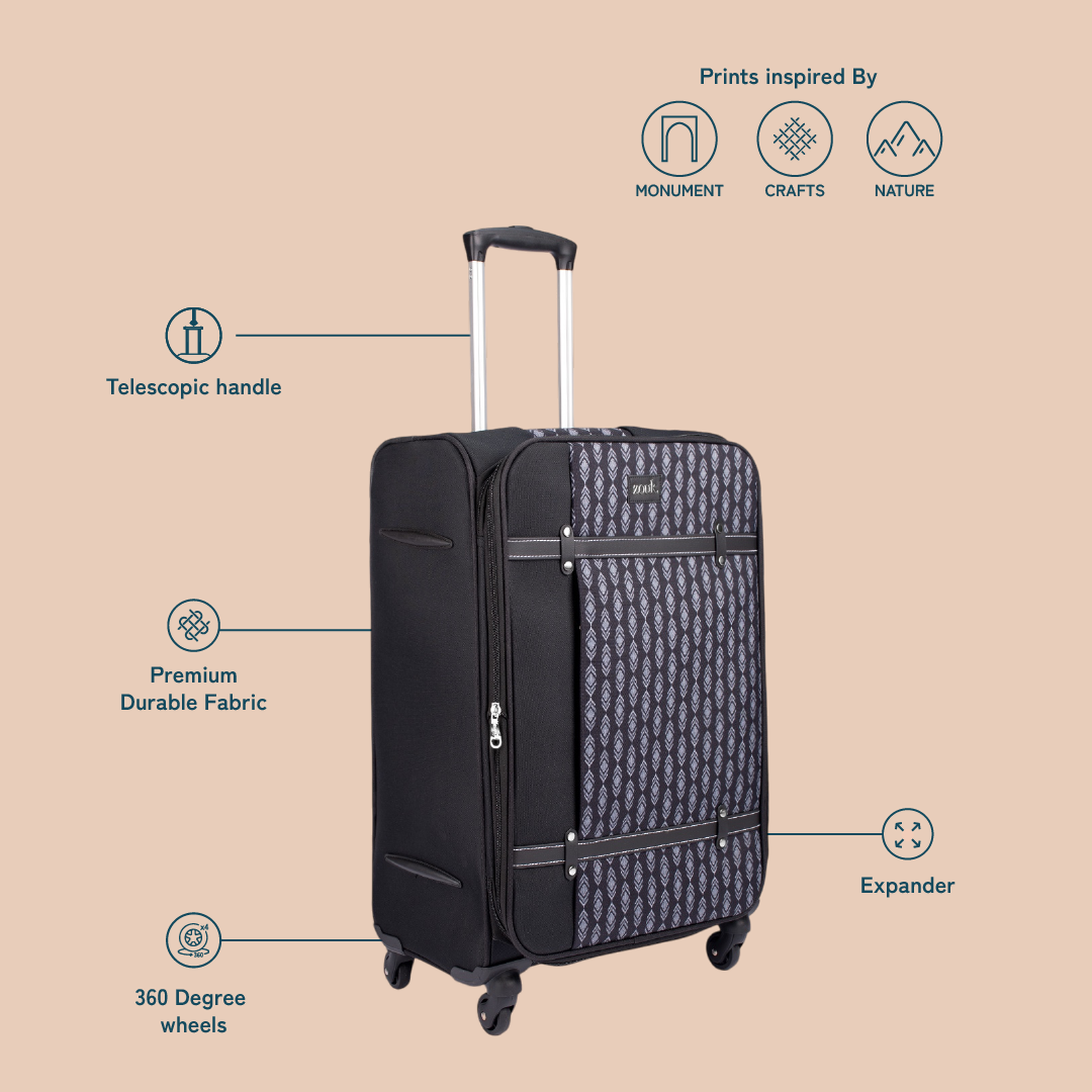 Hyderabad Ikat Saira Trolley Bag - Black (Cabin)