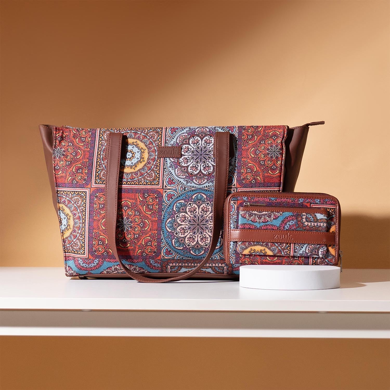 Multicolor Mandala Print - Office Tote Bag & Classic Zipper Wallet Combo