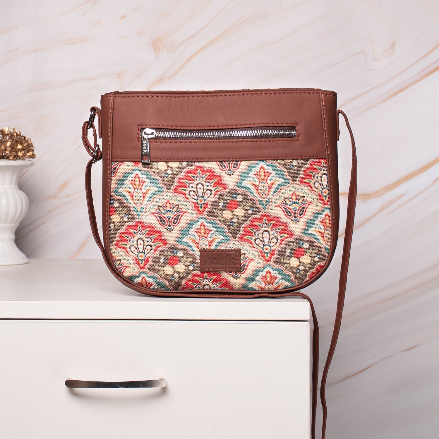 ZIP-Mughal Art Multicolor U-Shaped Sling Bag