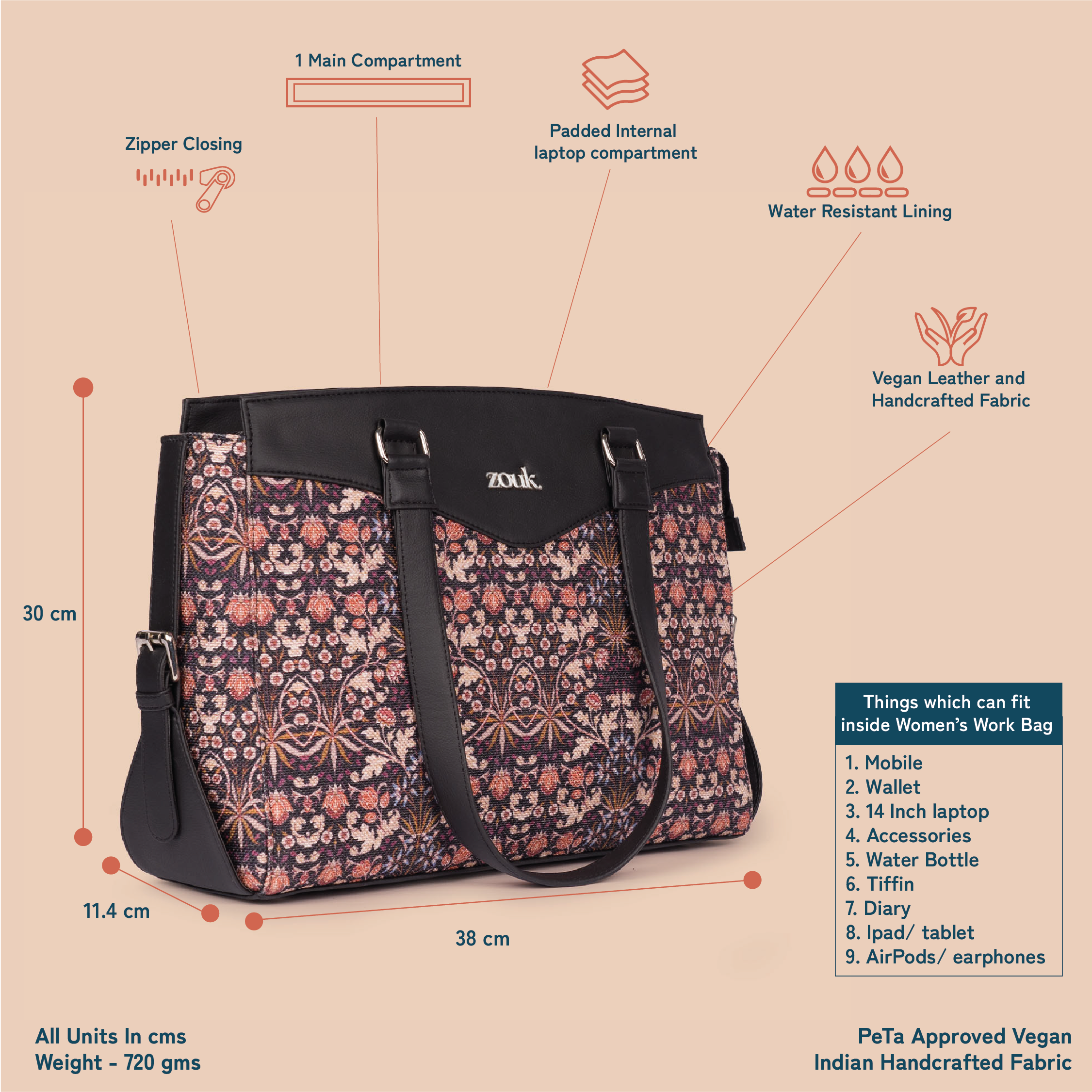 ZIP-Kashmir Blooms Women's Work Bag