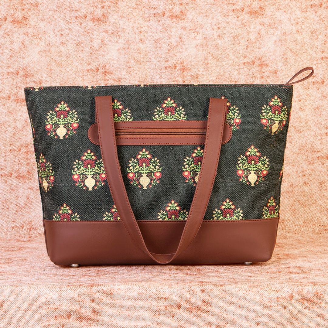 Royal Green Mogra Print Shoulder Tote Bag