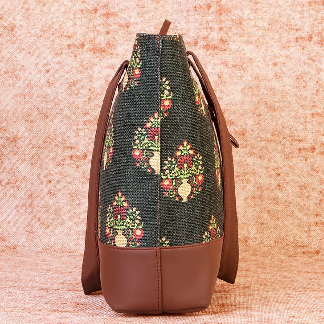 Royal Green Mogra Print Shoulder Tote Bag