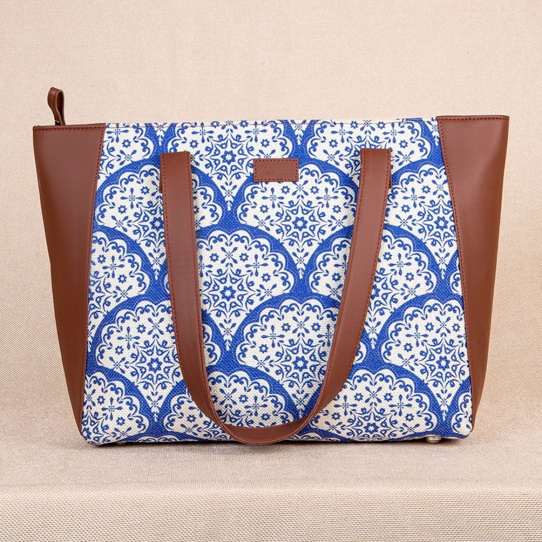 Floral Blue Pottery Side Tote Bag