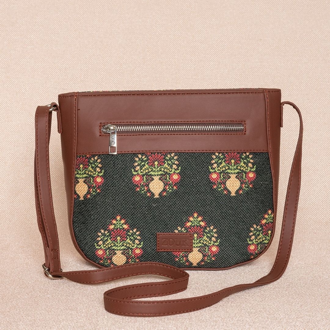 Royal Green Mogra Print U-Shaped Sling Bag