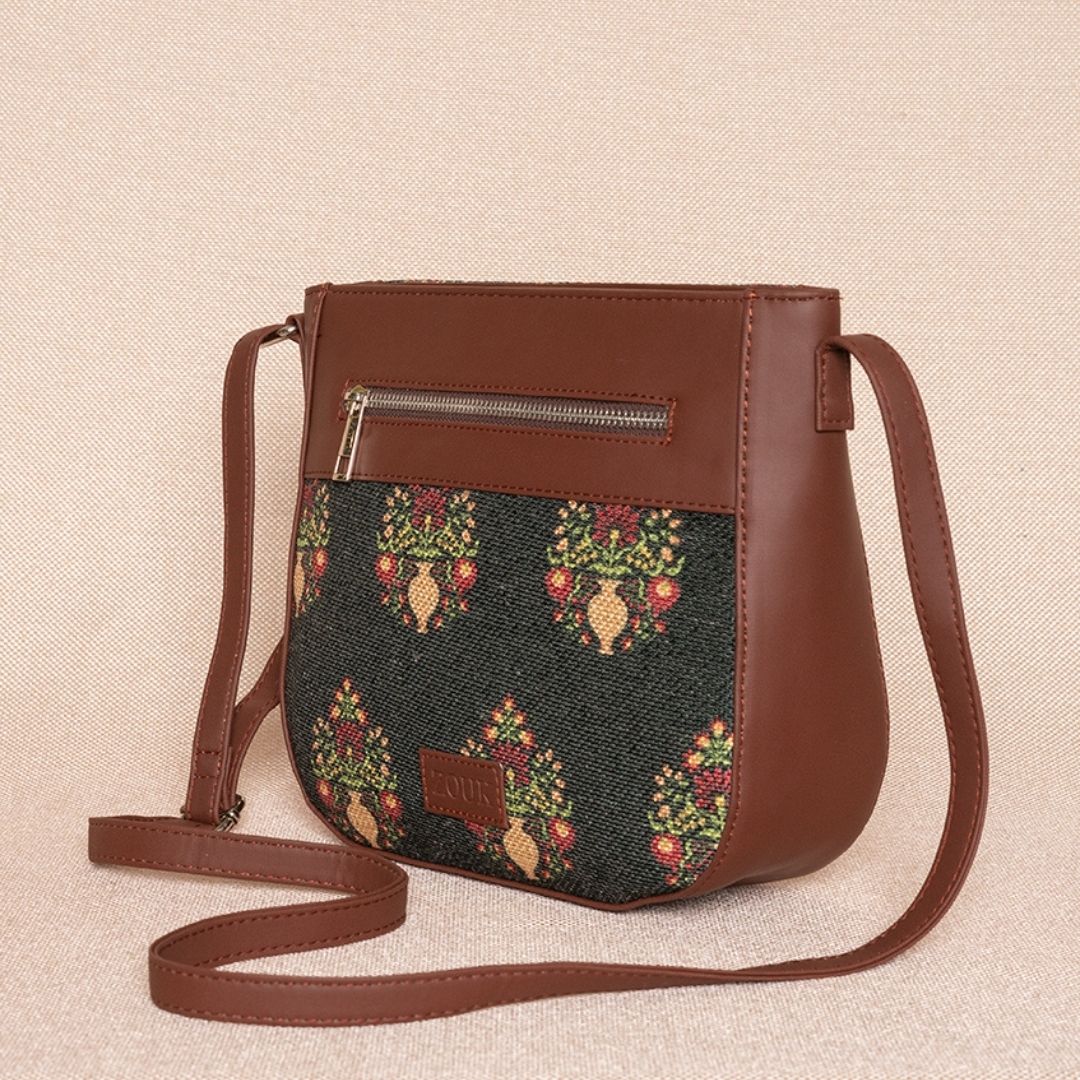 Royal Green Mogra Print U-Shaped Sling Bag