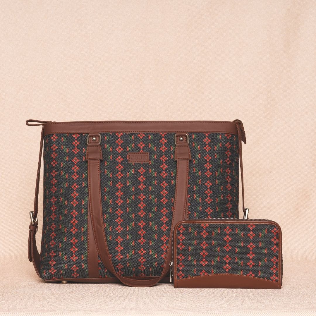 Shobha Niwas Lotus Motif- Office Bag & Chain Wallet Combo