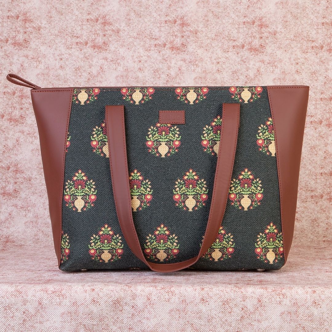 Royal Green Mogra Print Side Tote Bag