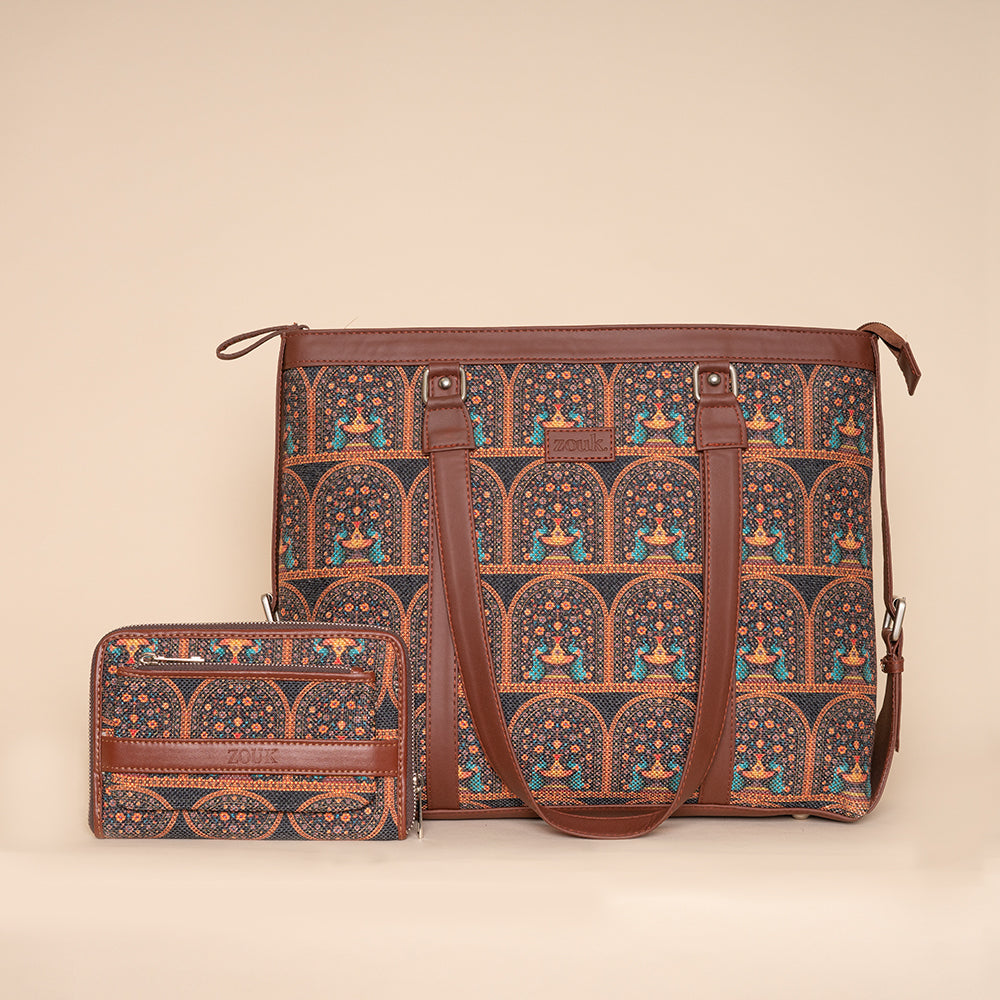 Royal Indian Peacock Motif - Office Bag & Classic Zipper Wallet Combo
