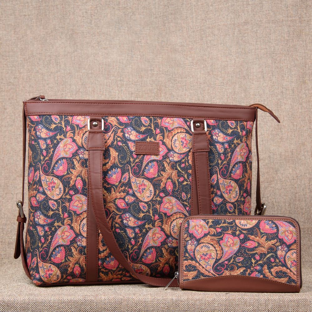 Paisley Print - Women's Office Bag & Chain Wallet Combo