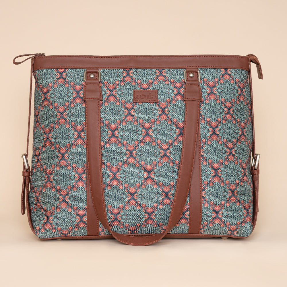 Kolkata Nouveau and Ikat GreRed - Office Bag & Chain Wallet Combo