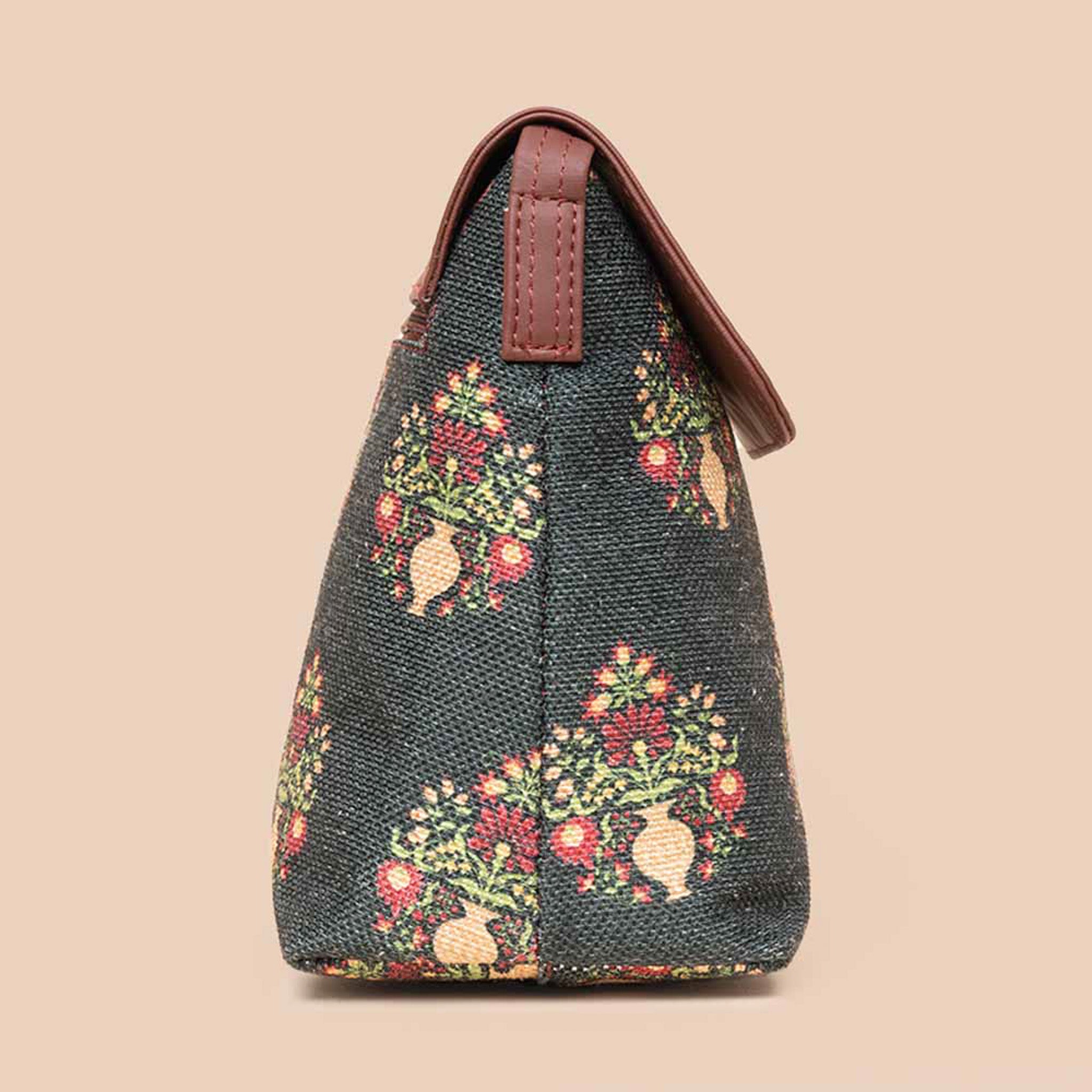 Royal Green Mogra Print Flap Sling Bag