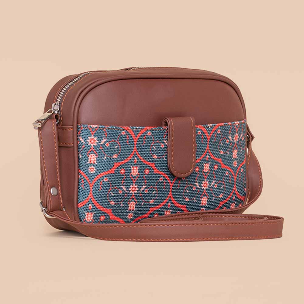 Ajrakh Round Sling Bag Traditional Brown