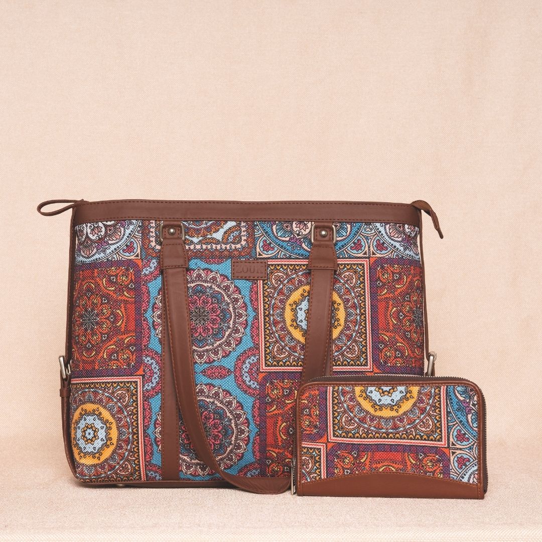 Multicolor Mandala Print - Women's Office Bag & Chain Wallet Combo