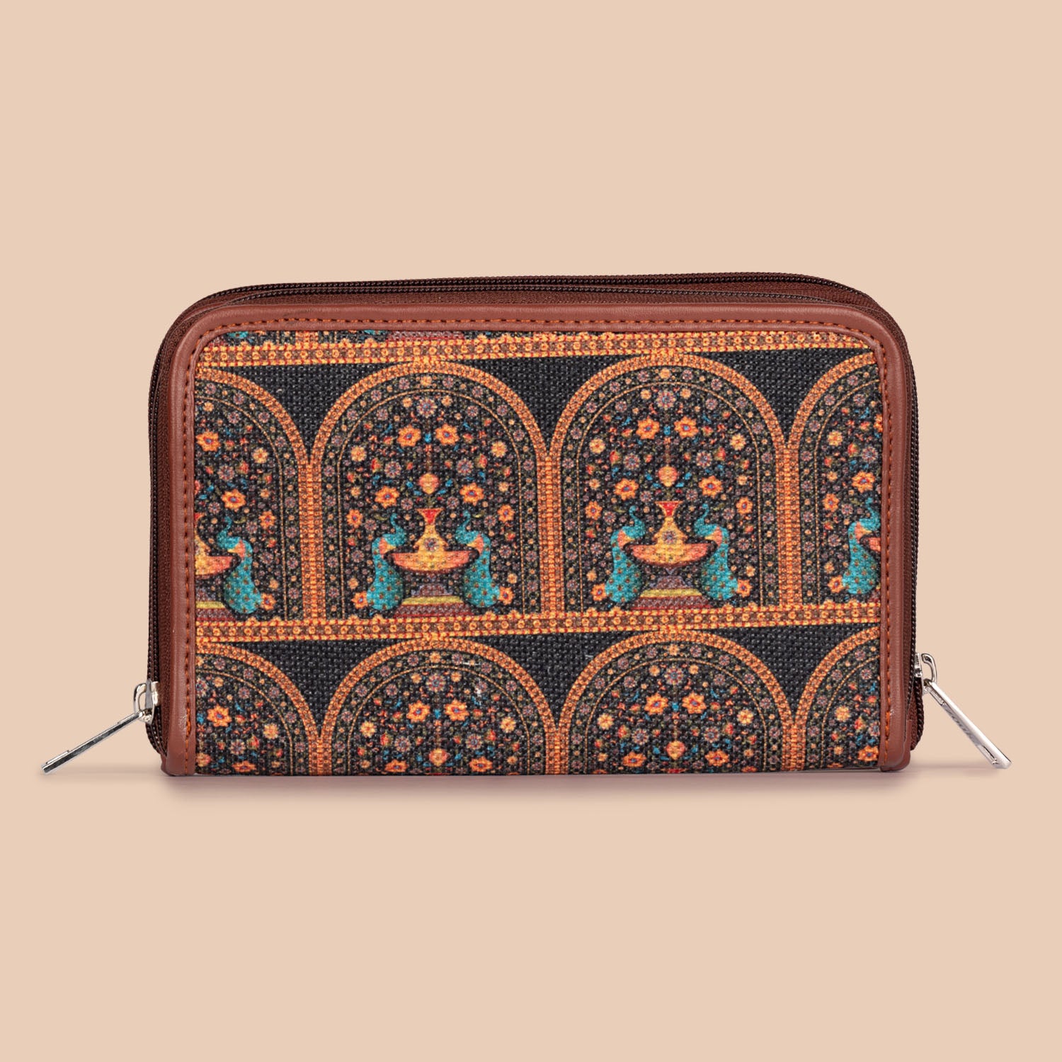 Mughal Motif & Royal Indian Peacock Motif - Satchel & Classic Zipper Wallet Combo